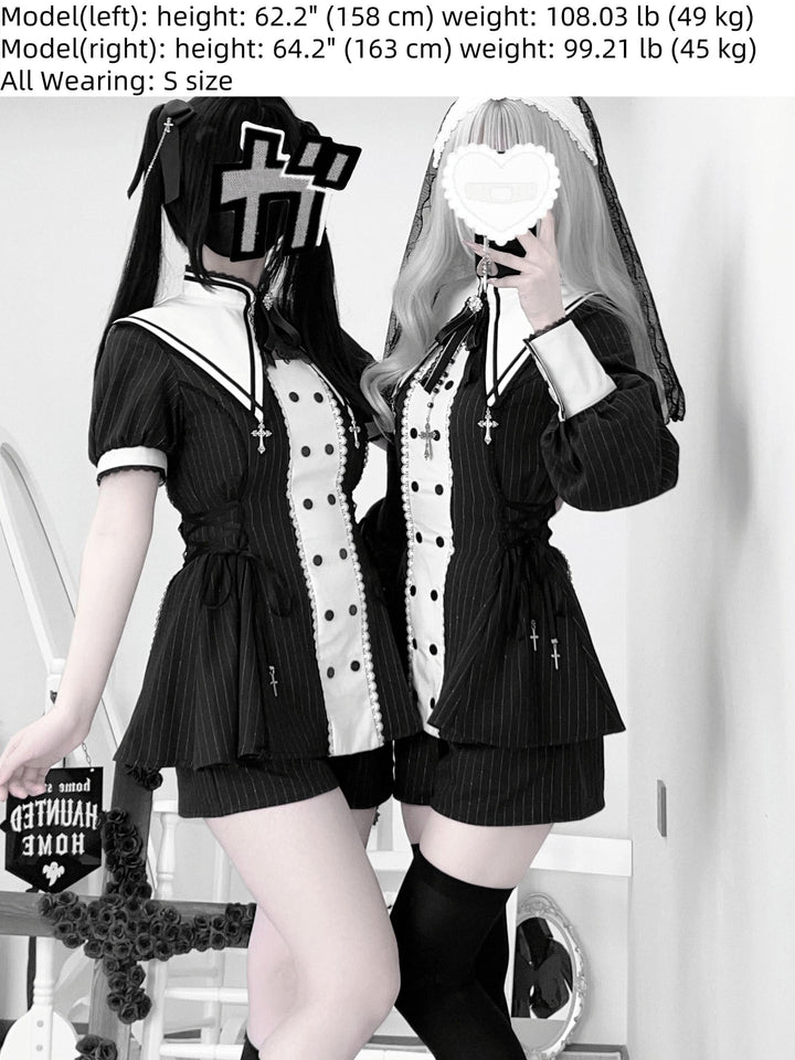 Striped Jirai Kei Set Up, Detachable Collar, Long/Short Sleeve Styles 43401:775836