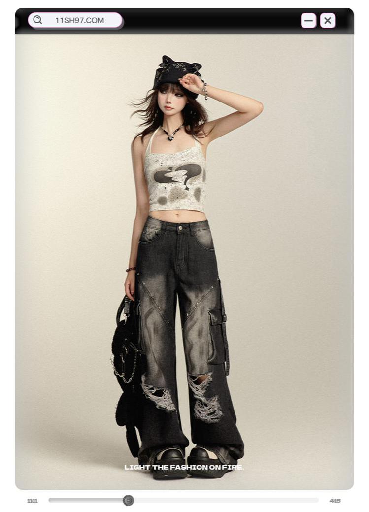 Punk Pants Black Straight Wide Leg Ripped Jeans Autumn 39760:642288