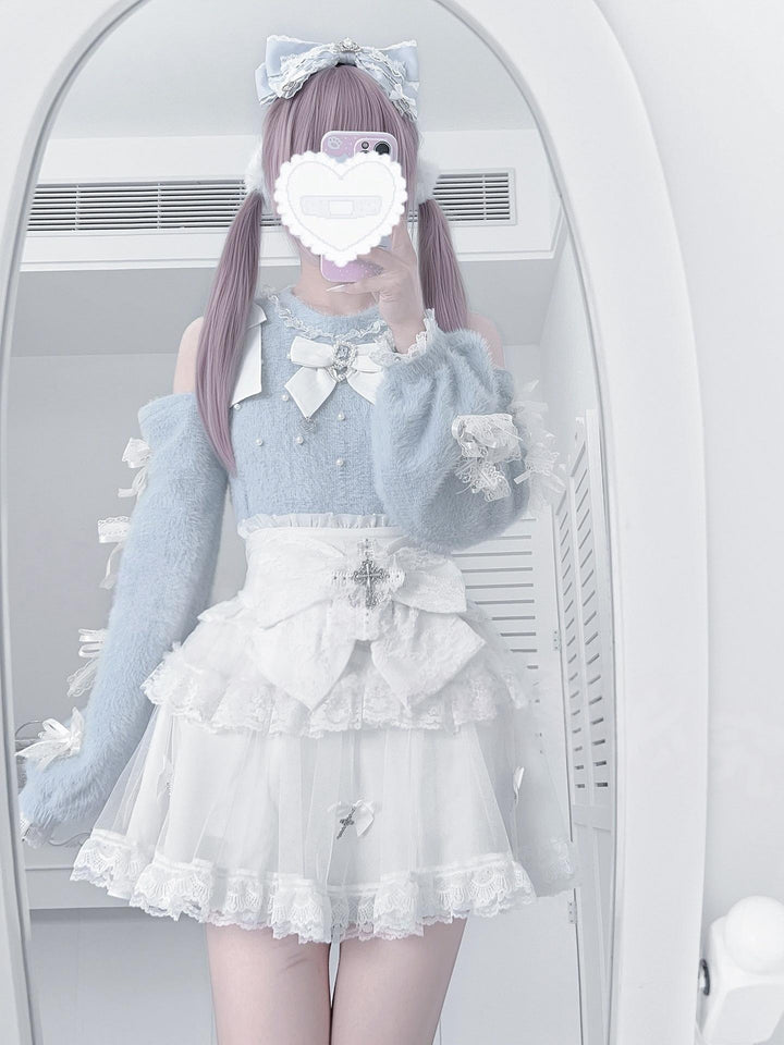 Jirai Kei Open-Shoulder Sweater, High-Waist Cross Skirt 44377:807437
