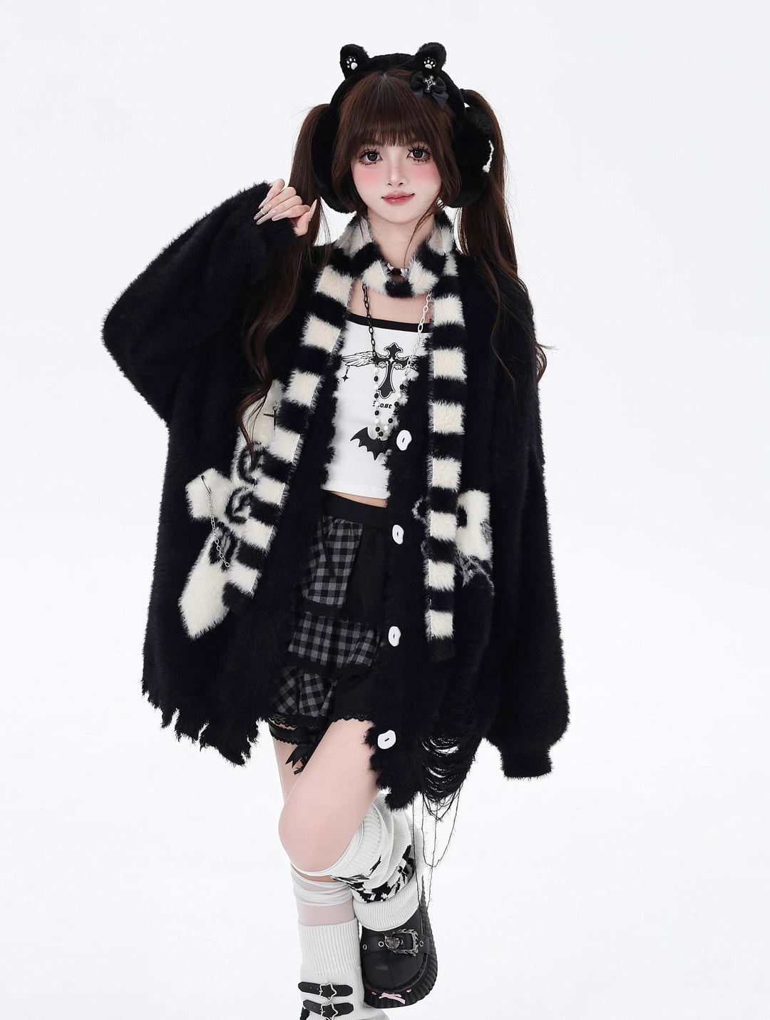 Jirai Kei Sweater Irregular Hem Cardigan With Striped Scarf 40922:680458