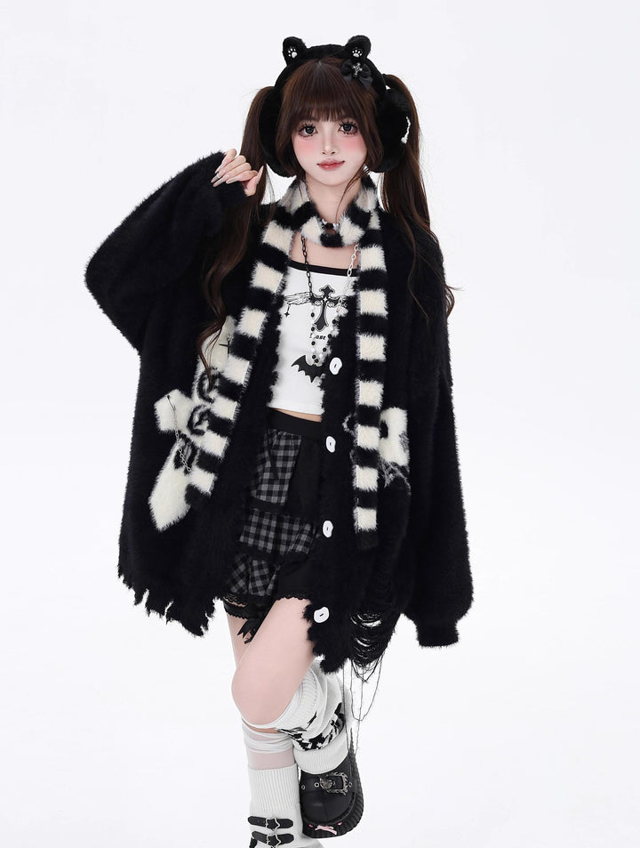Jirai Kei Sweater Irregular Hem Cardigan With Striped Scarf 40922:680458