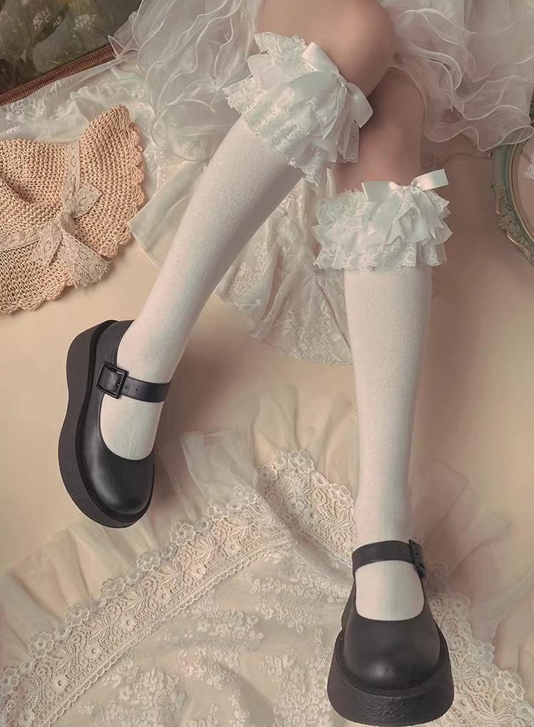 Lolita Socks Layers Lace Frill Cotton Mid-Calf Socks With Bows 42243:734845
