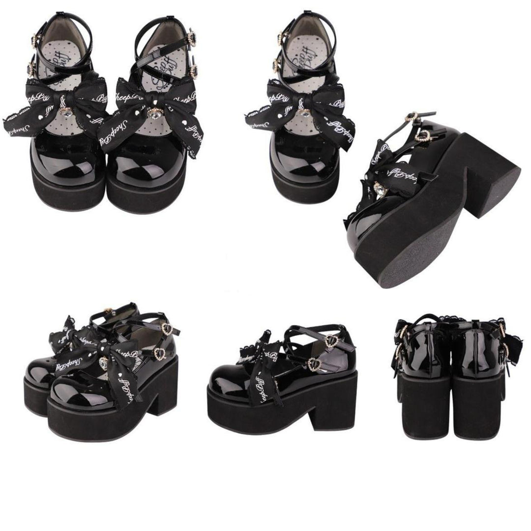 Jirai Kei Shoes Black Pink Platform Shoes Bow Buckle Shoes 21984:382376