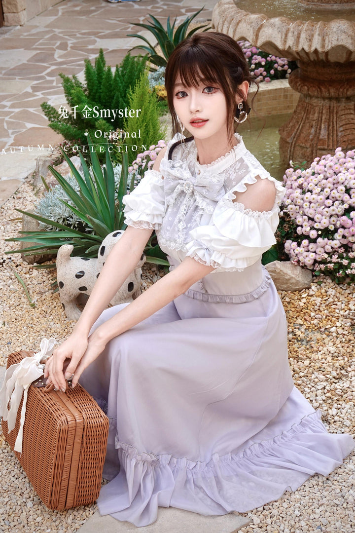 Jirai Kei Open-Shoulder Long Dress, Detachable Bow 44754:824041