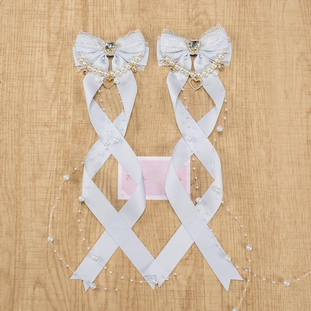 Jirai Kei Bow Hair Clip, Heart Rhinestone, Pearl Chain, Lace Trim (Pair) 43501:778693