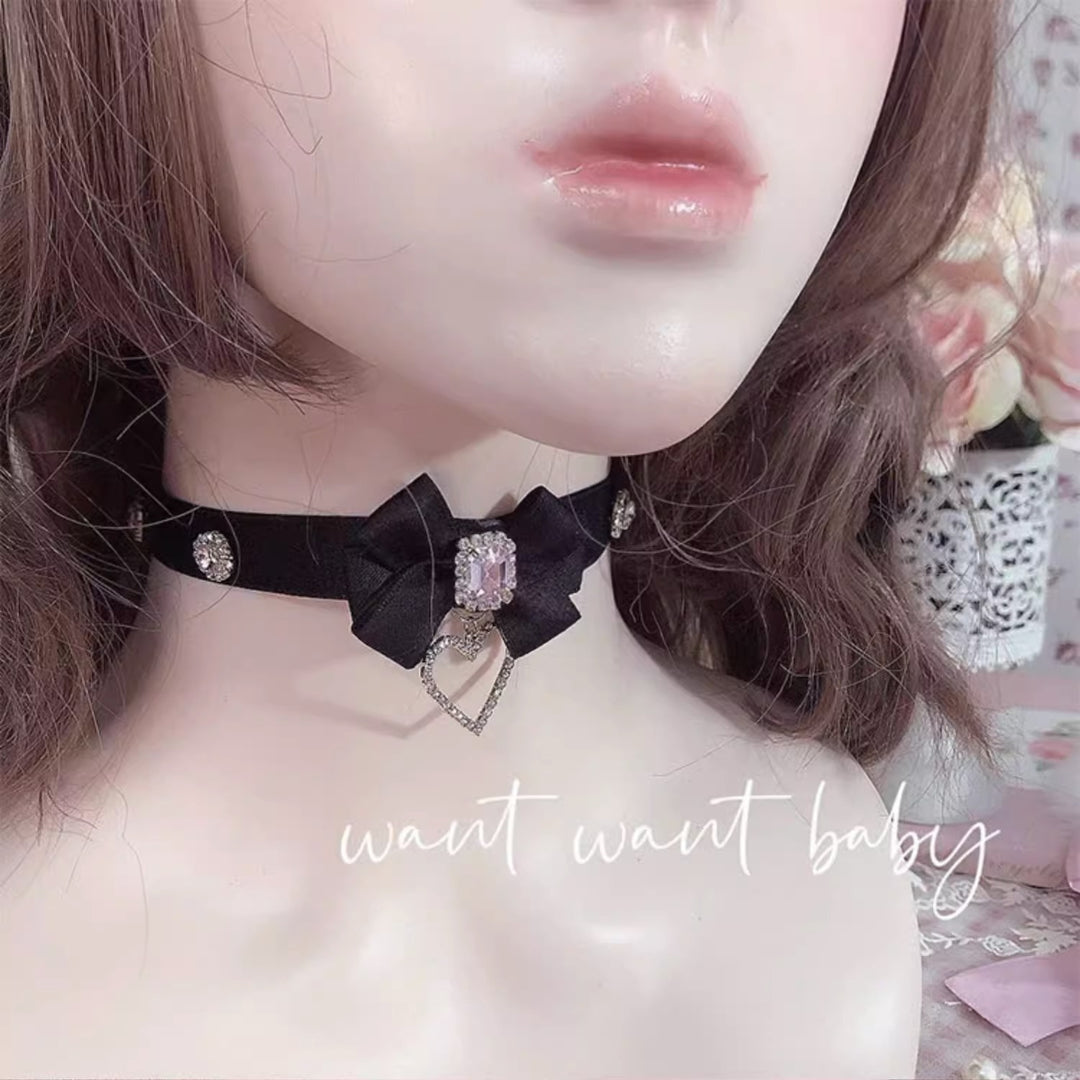 Pink Black Jirai Kei Necklace Choker With Bow And Rhinestone 21762:313100