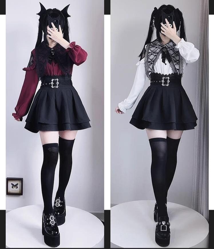 Pointed Lace Collar Jirai Kei Blouse & Black Skirt 42949:769844