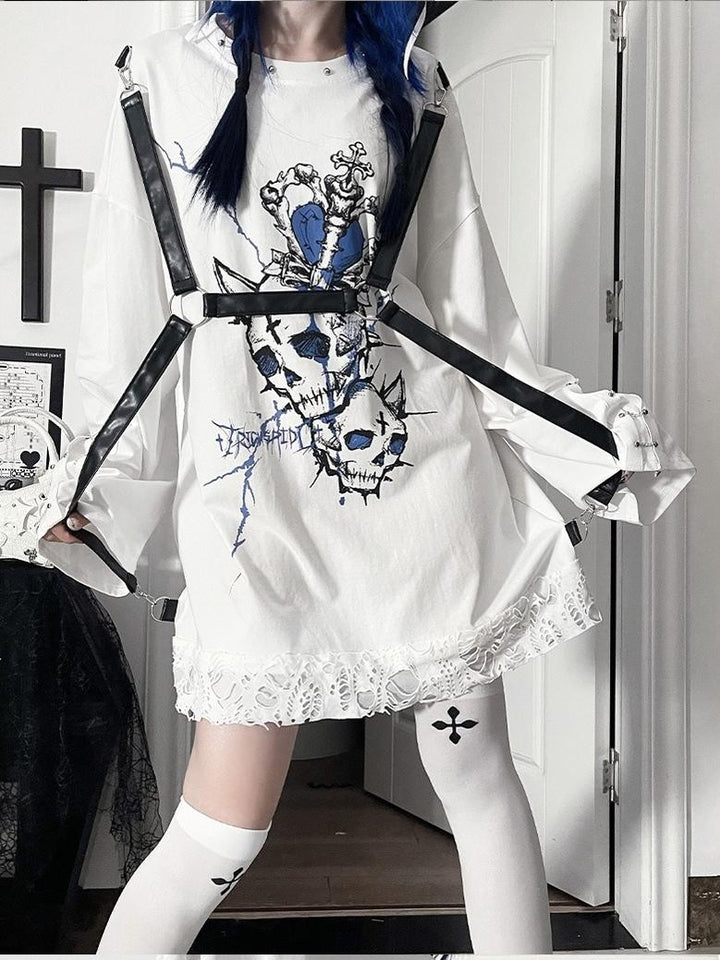 Gothic Printed Long Sleeve Tee, Detachable Strap 44336:804685