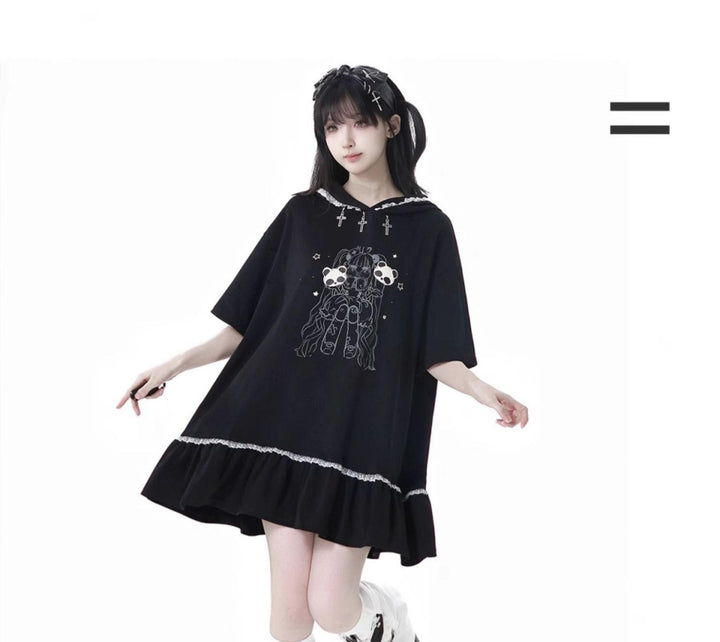 Black Cotton Sport-styled Jirai Kei Hoodie Dress & Shorts Set 42980:761490