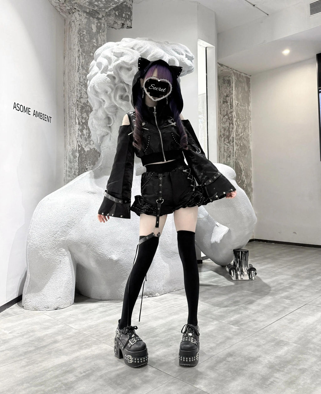 Gothic Hooded Crop Jacket & Shorts Set, Cat Ear 46064:874101