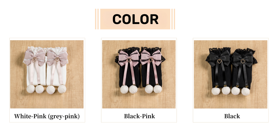 Jirai Kei Knee Socks Lace Bow Pom-Pom Mid-Calf Socks 40886:678936