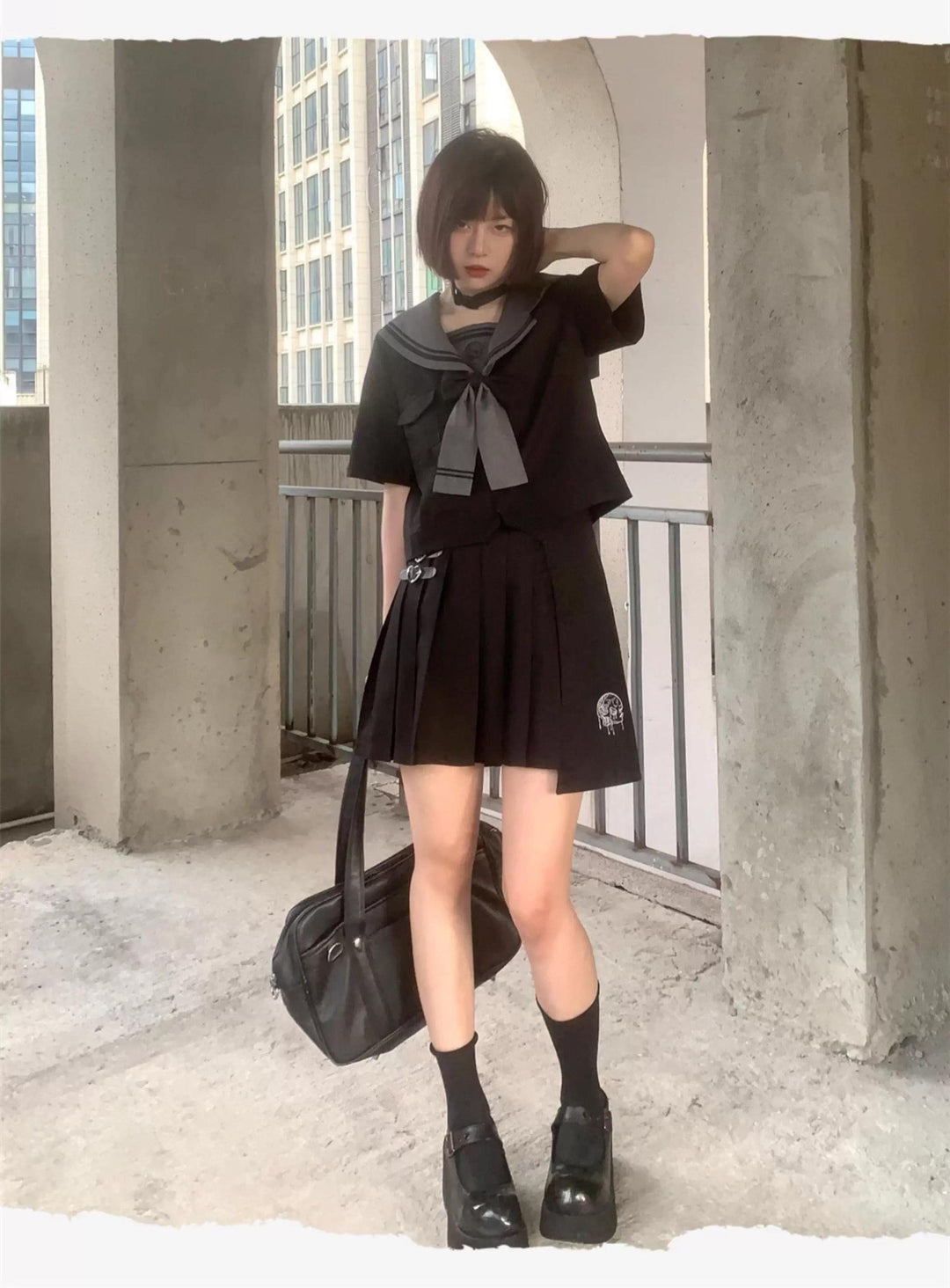 Black JK Uniform Sailor Collar Blouse Pocketed Pleated Skirt 43025:762736