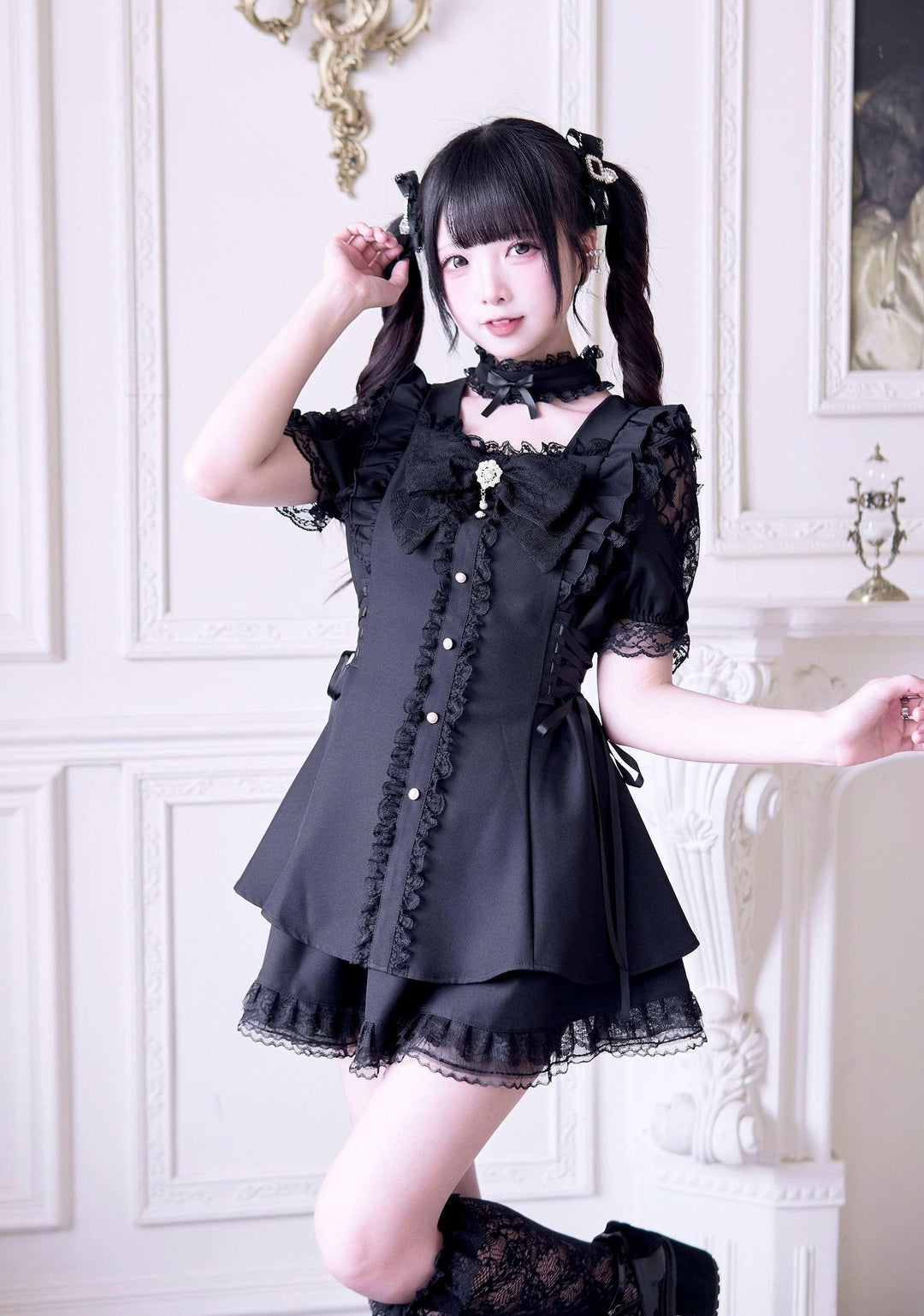 Jirai Kei Dress 4-Piece Set, Elastic Waist & Pearl Button 43010:776036