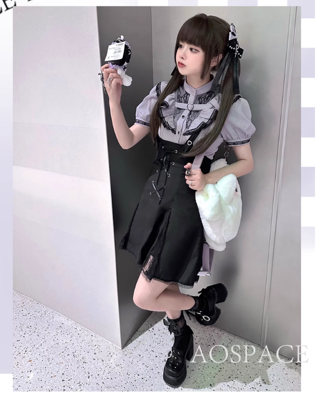 Jirai Kei Bi-color Blouse, Suspender Skirt Set 21976:365402