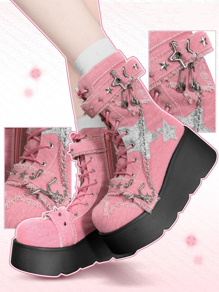Y2K Platform Shoes Gyaru Fashion Boots Canvas Combat Boots (Pink / 34 35 36 37 38 39 40 41) 35060:487960
