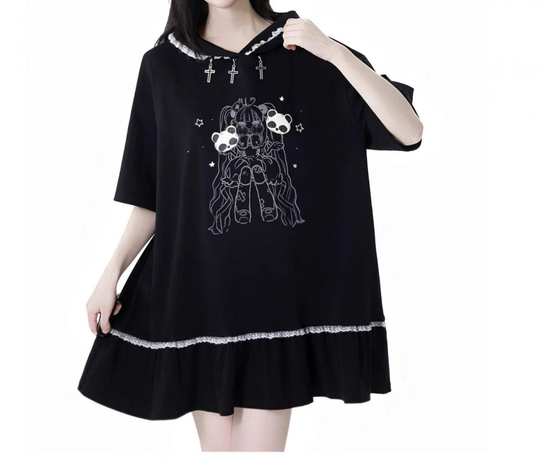 Black Cotton Sport-styled Jirai Kei Hoodie Dress & Shorts Set 42980:761489