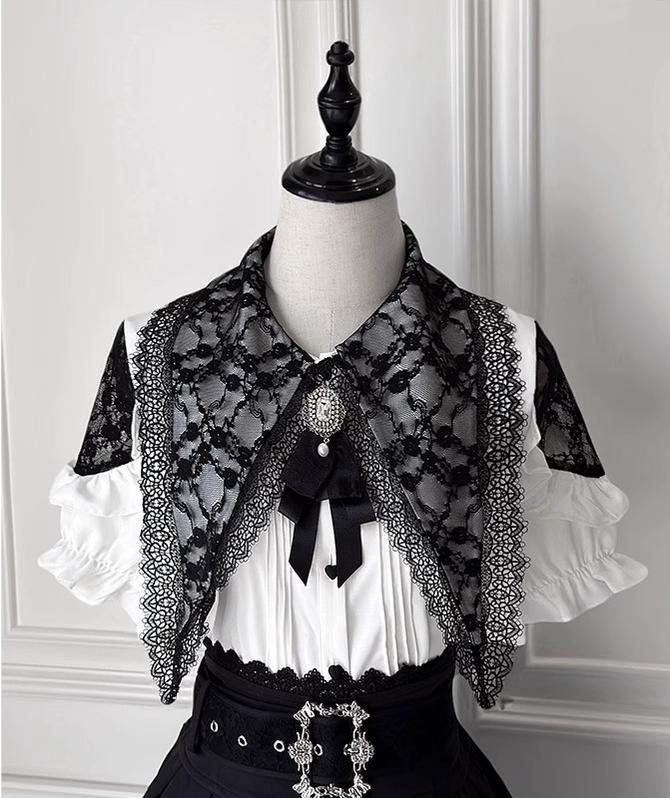 Pointed Lace Collar Jirai Kei Blouse & Black Skirt (2XL L M XL) 42949:769831