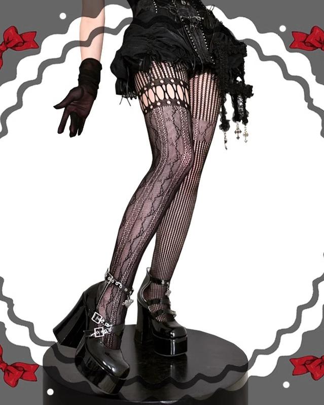 Asymmetric Gothic Lolita Fishnet Pantyhose, Multiple Color 43320:774105