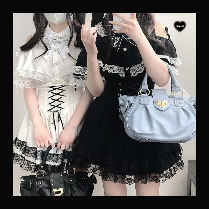 Jirai Kei Shirt Lace Open-shoulder Blouse Short Sleeve Top 36782:537554