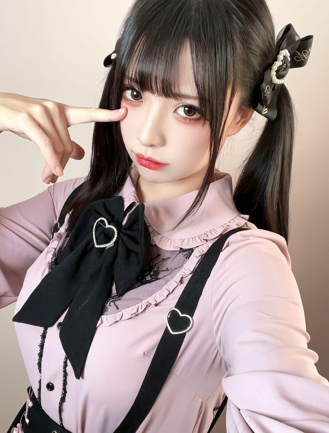 Pink Jirai Kei Blouse, Black Lace Up Skirt 21832:760688