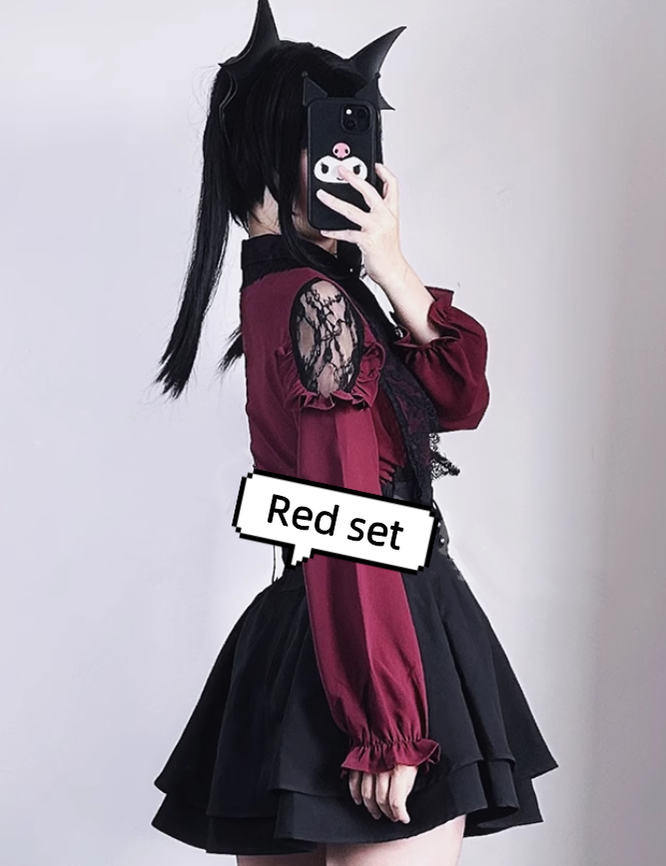 Jirai Kei Lace Blouse Double Layer Skirt A-line 39278:618488