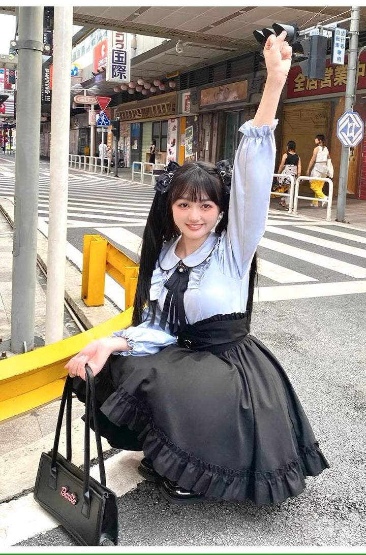 Jirai Kei Blue Open Shoulder Blouse, Flounce Hem Skirt 21966:351038