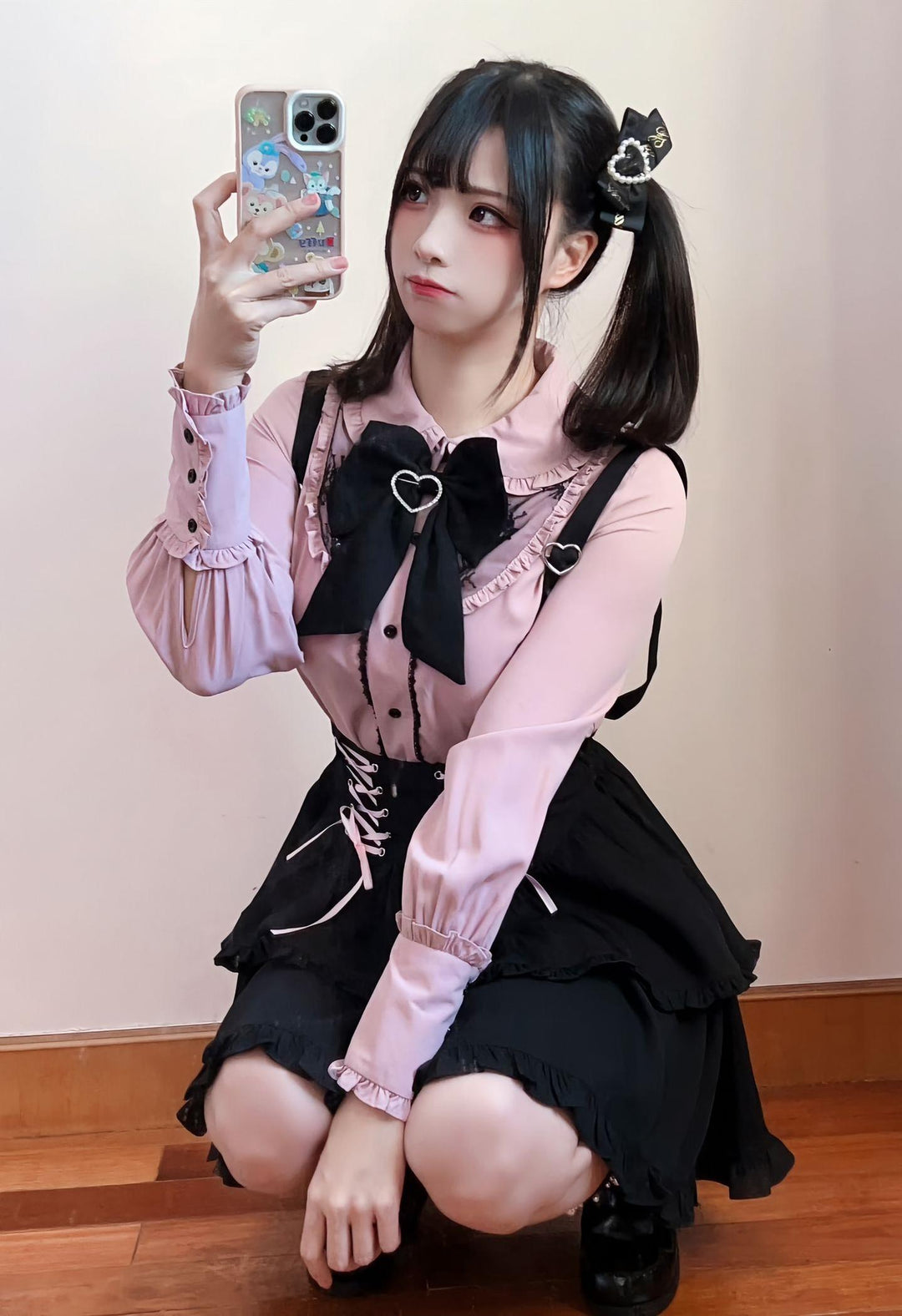 Pink Jirai Kei Blouse, Black Lace Up Skirt 21832:760687