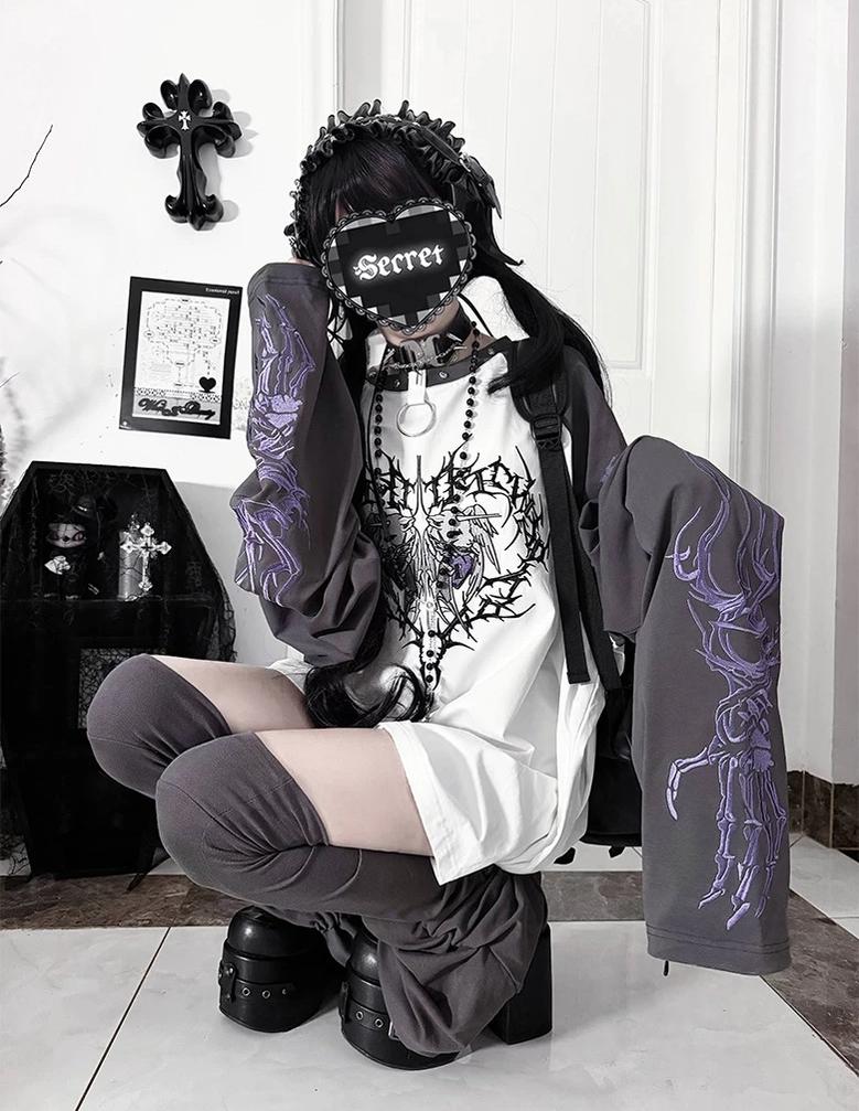 Gothic Long Sleeve Cotton T-Shirt, Demon Ram Embroidery 46062:875057
