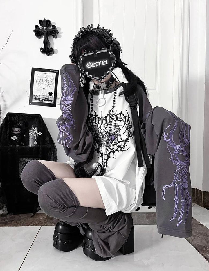 Gothic Long Sleeve Cotton T-Shirt, Demon Ram Embroidery 46062:875057
