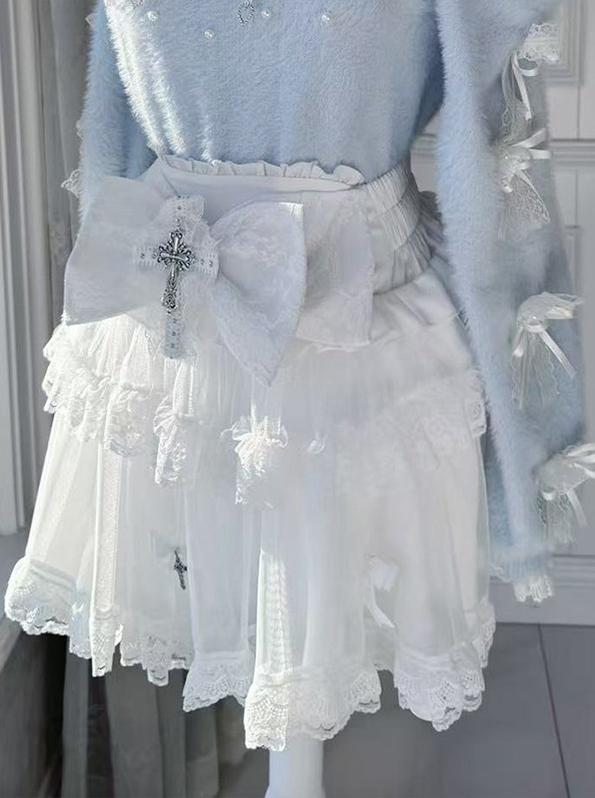Jirai Kei Open-Shoulder Sweater, High-Waist Cross Skirt (2XL L M XL) 44377:807434