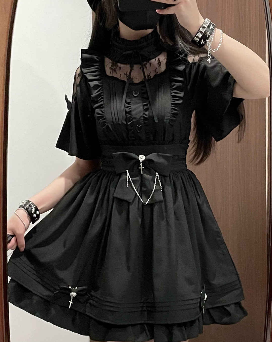 Lace Shoulder Jirai Kei Blouse + High Waist Skirt, Cross Pendant (2XL 3XL L M S XL XS) 35596:779043