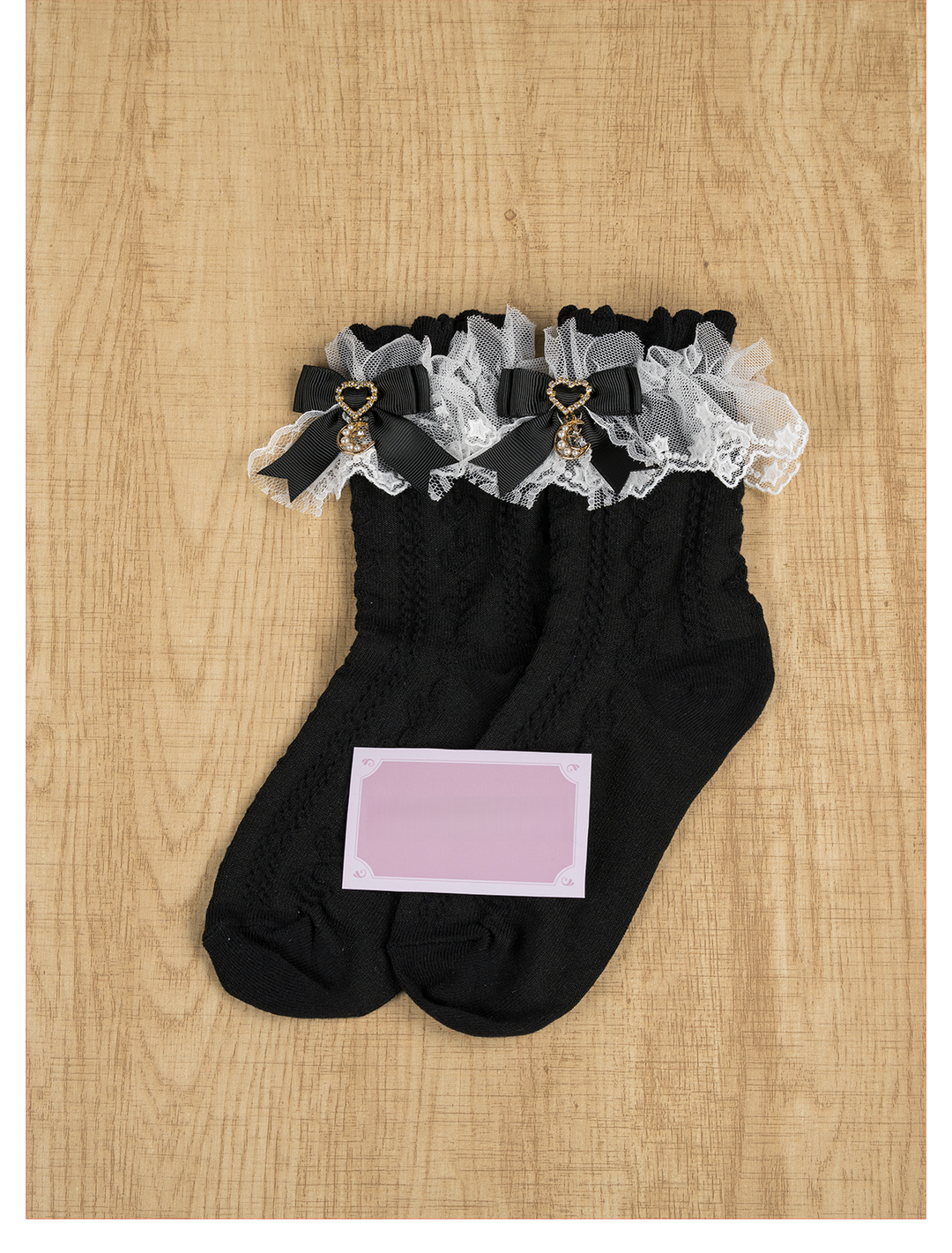 Cotton Ankle Length Lace Socks, Moon Pendant (Black) 44007:792567