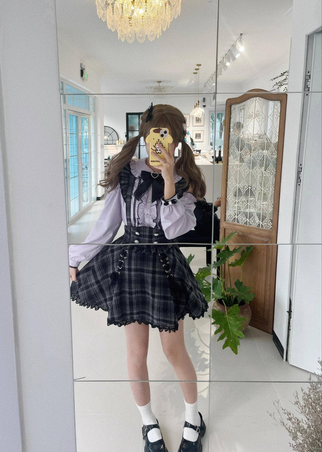 Jirai Kei Set Purple Open-Shoulder Blouse Plaid Suspender Skirt Set 33830:440814