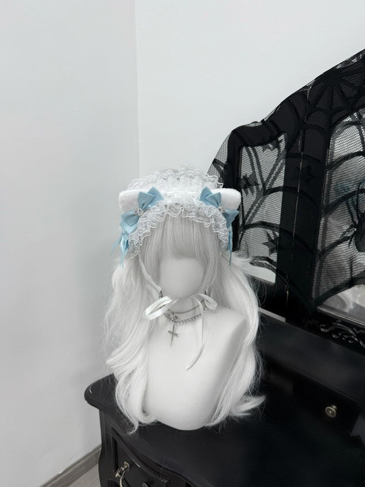 Furry Cat Ear Jirai Kei Headband, Lace & Rhinestones 43075:767123