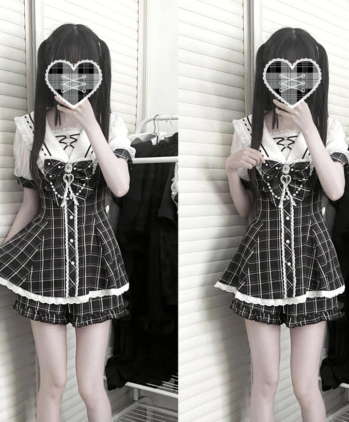Jirai Kei Dress With Pearl Chain And Big Rhinestone Bow Tie 42813:764869