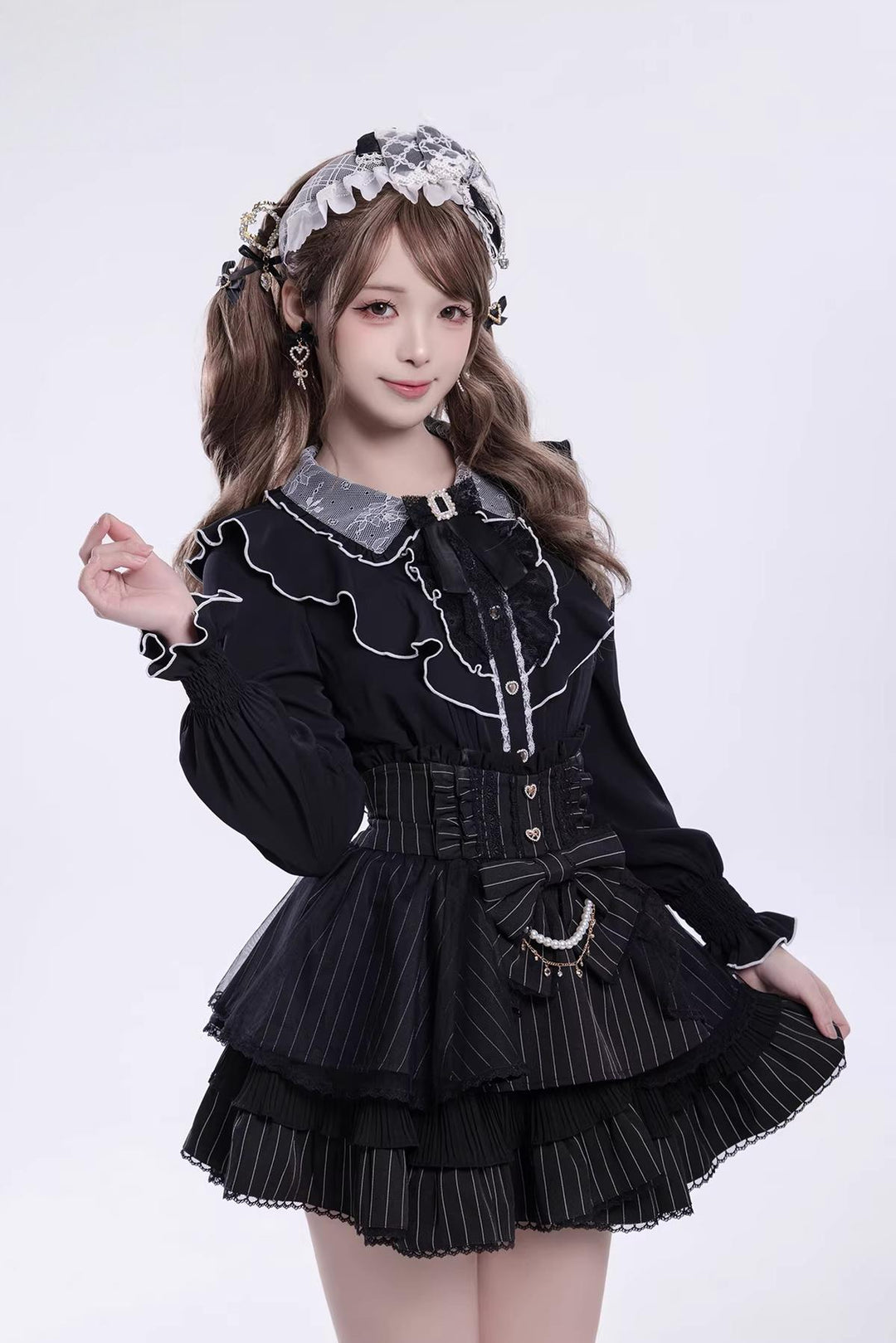 Jirai Kei Long-Sleeved Shirt, Ruffled Collar 45128:837186