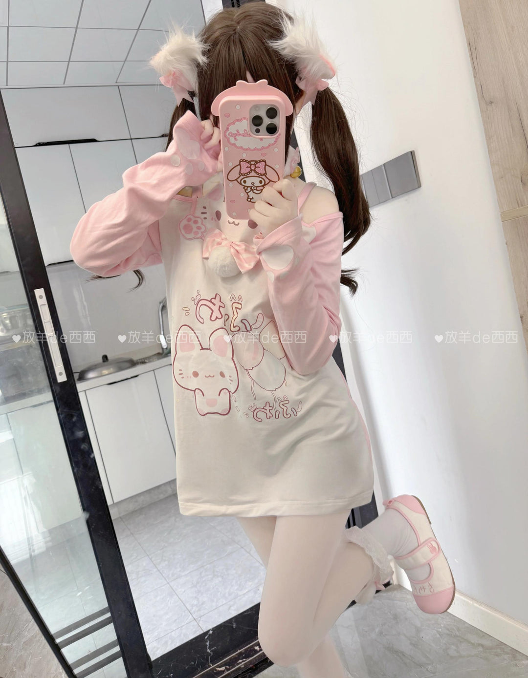 Kawaii Cat-Print Cotton Skirt Off-Shoulder Top with Choker (L S) 42812:755917