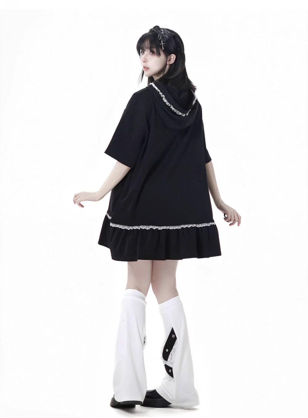 Black Cotton Sport-styled Jirai Kei Hoodie Dress & Shorts Set 42980:761502
