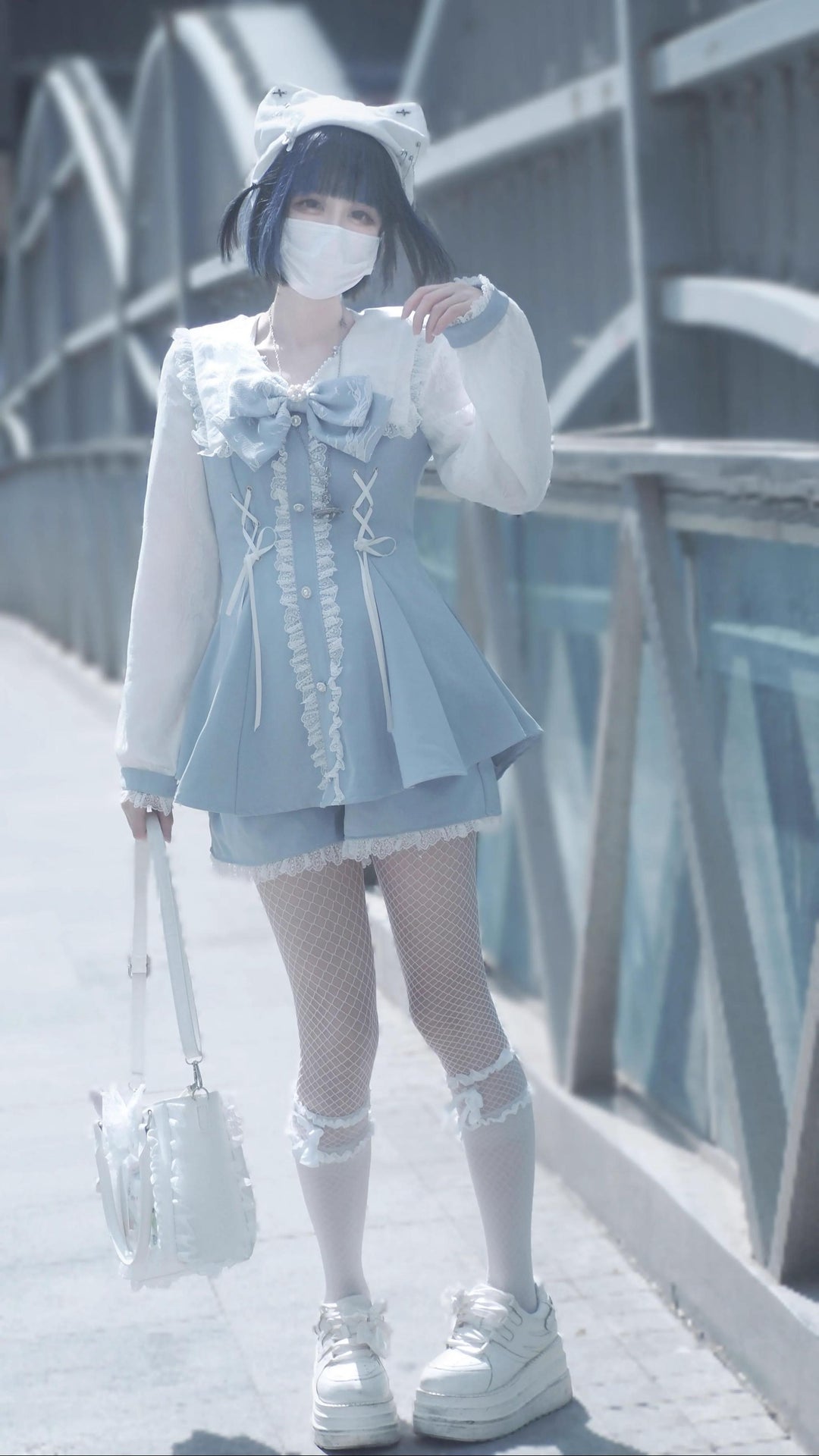 Lace-up Jirai Kei Dress Set with Lace and Rhinestone Button 42784:753151