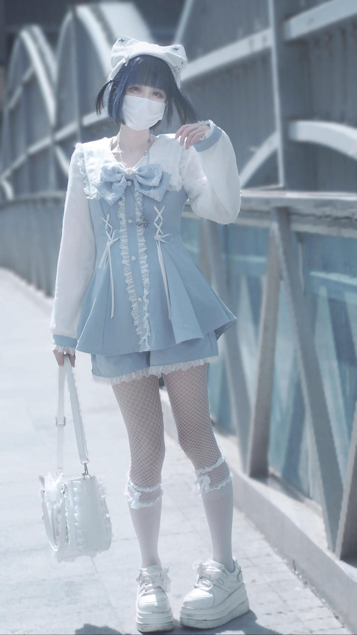 Lace-up Jirai Kei Dress Set with Lace and Rhinestone Button 42784:753151