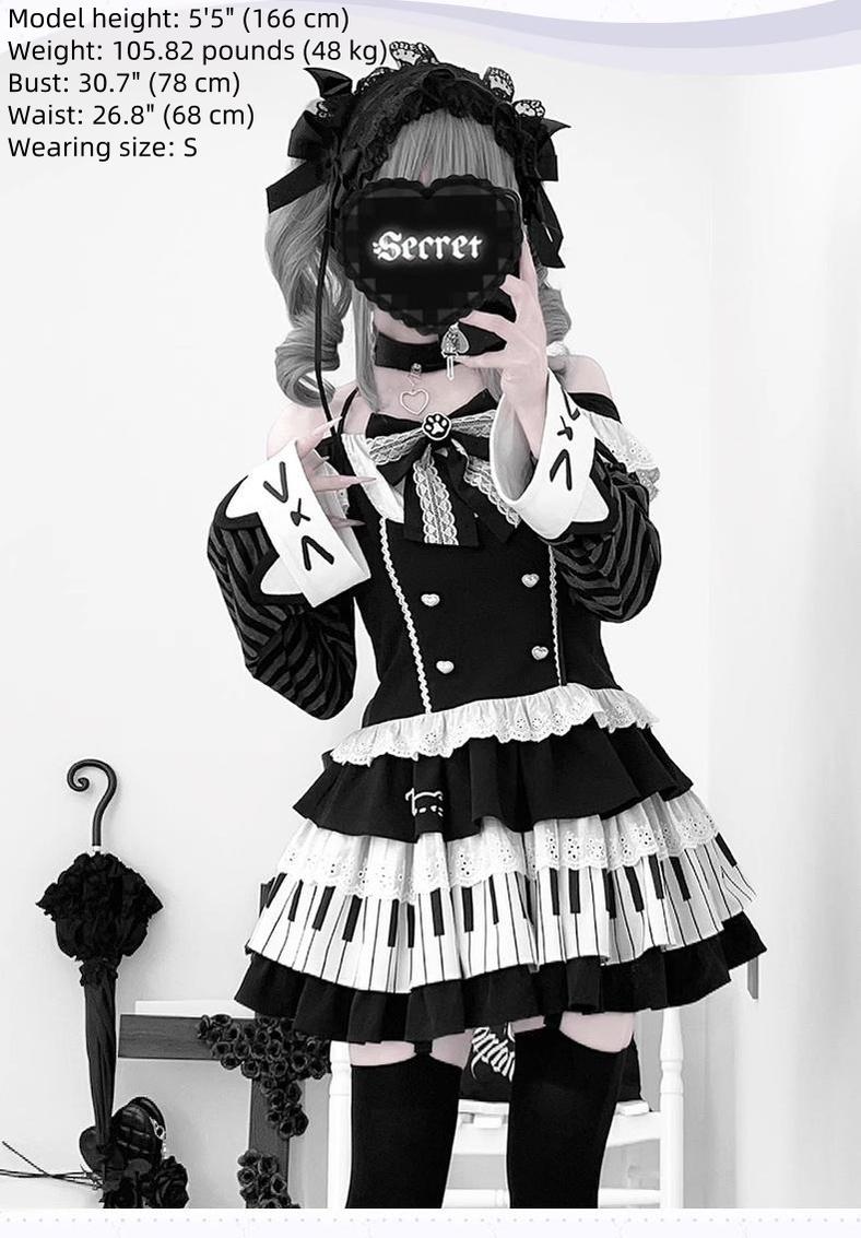 Halter Neck Kawaii Skirt Set, Cat and Piano Print 43577:780207