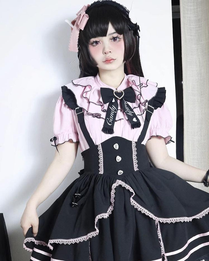 Pink Jirai Kei Short-sleeved Blouse, Puffy Sleeves 22780:342688
