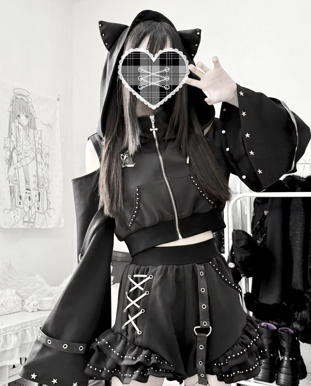 Gothic Hooded Crop Jacket & Shorts Set, Cat Ear 46064:874126