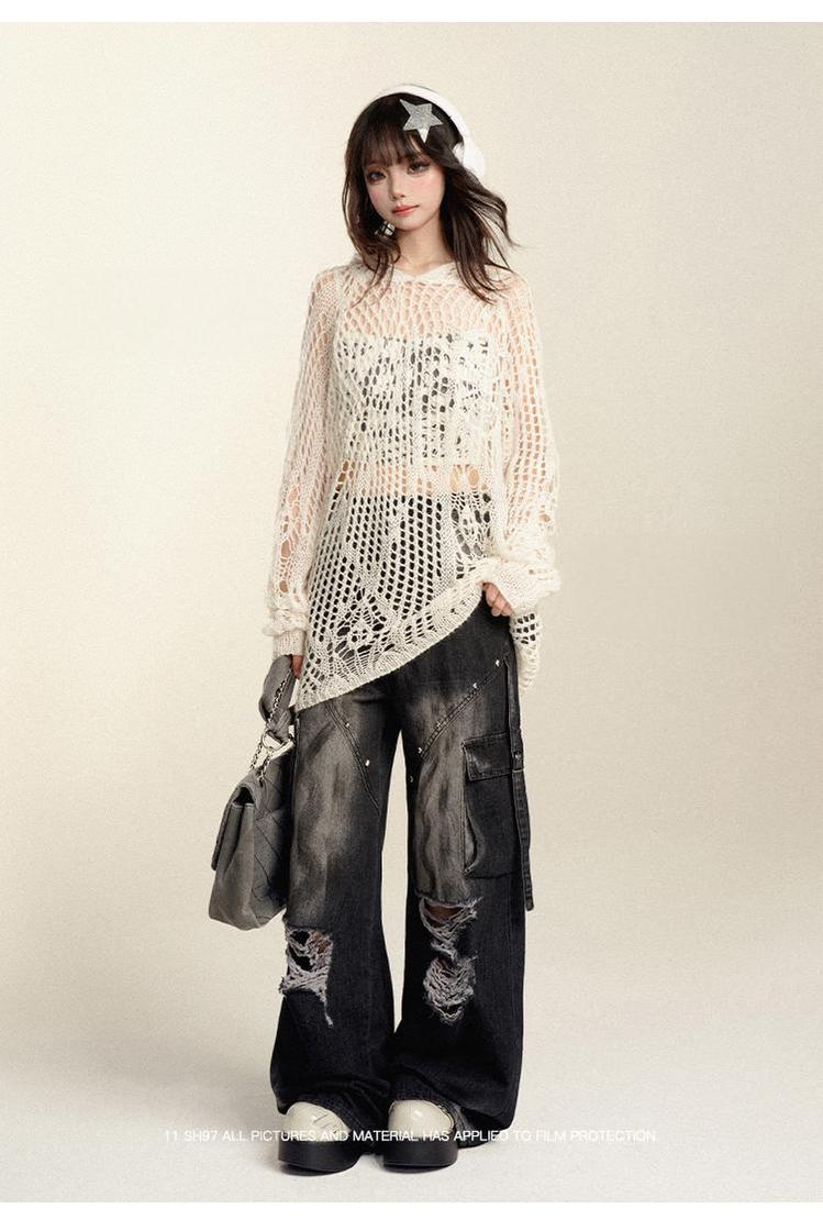 Punk Pants Black Straight Wide Leg Ripped Jeans Autumn 39760:642278