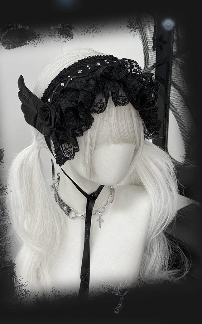 Black Jirai Kei Lace Hairband with Wings Flowers and Rivets 42803:754724