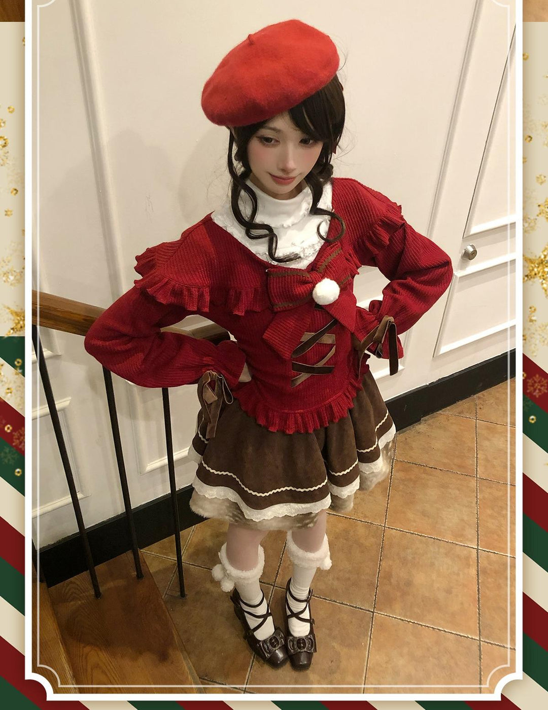 Christmas Red Off-Shoulder Sweater, Ruffled Skirt 44160:798311