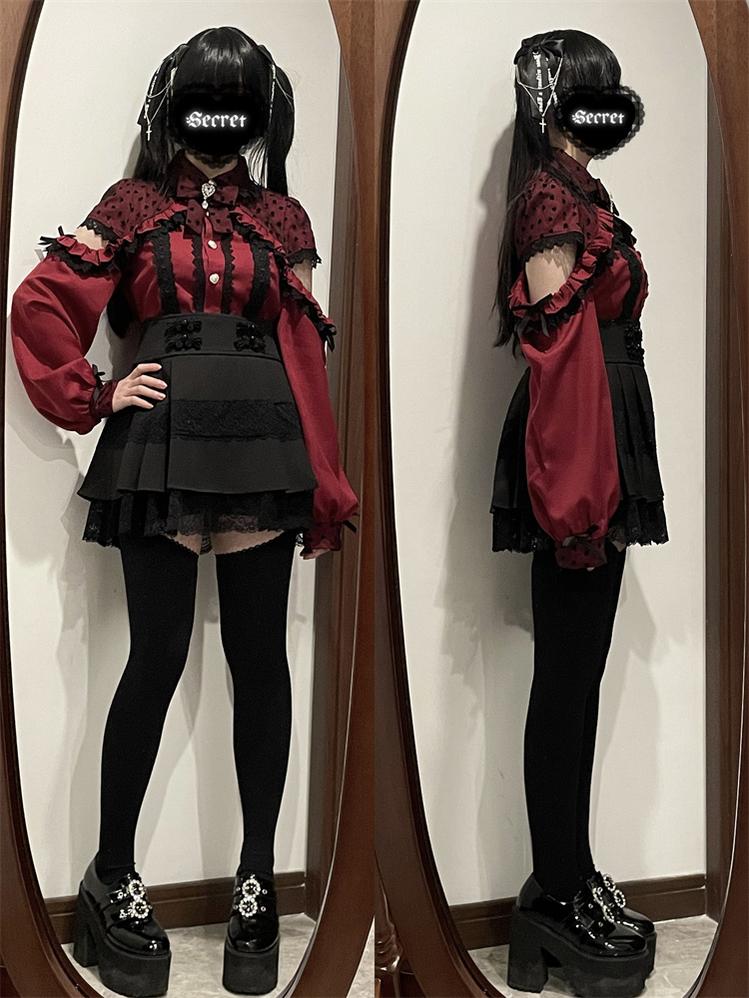 Jirai Kei Blouse, Lace Open Shoulder, Dolka Dots 34044:486470