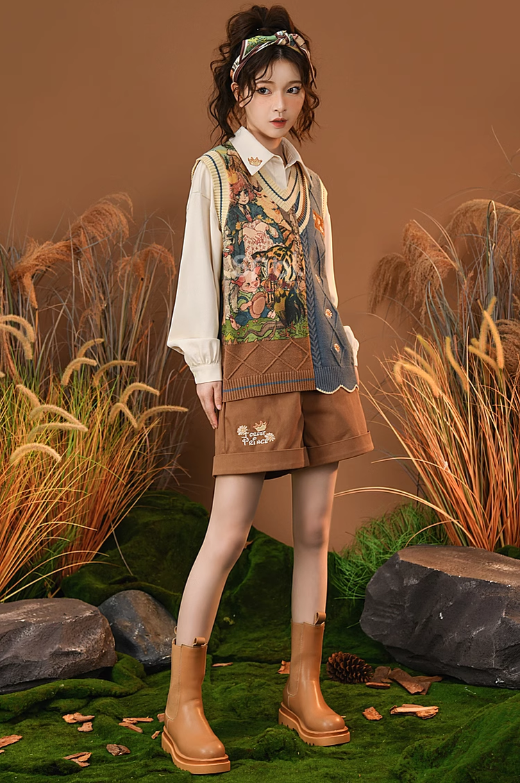 Mori Kei Clothing Set Retro Shirt Academy Vest Casual Shorts 39286:618852