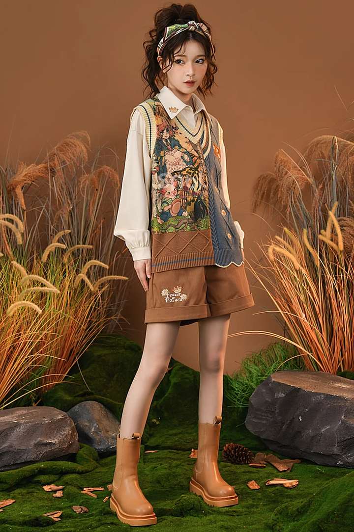 Mori Kei Clothing Set Retro Shirt Academy Vest Casual Shorts 39286:618852