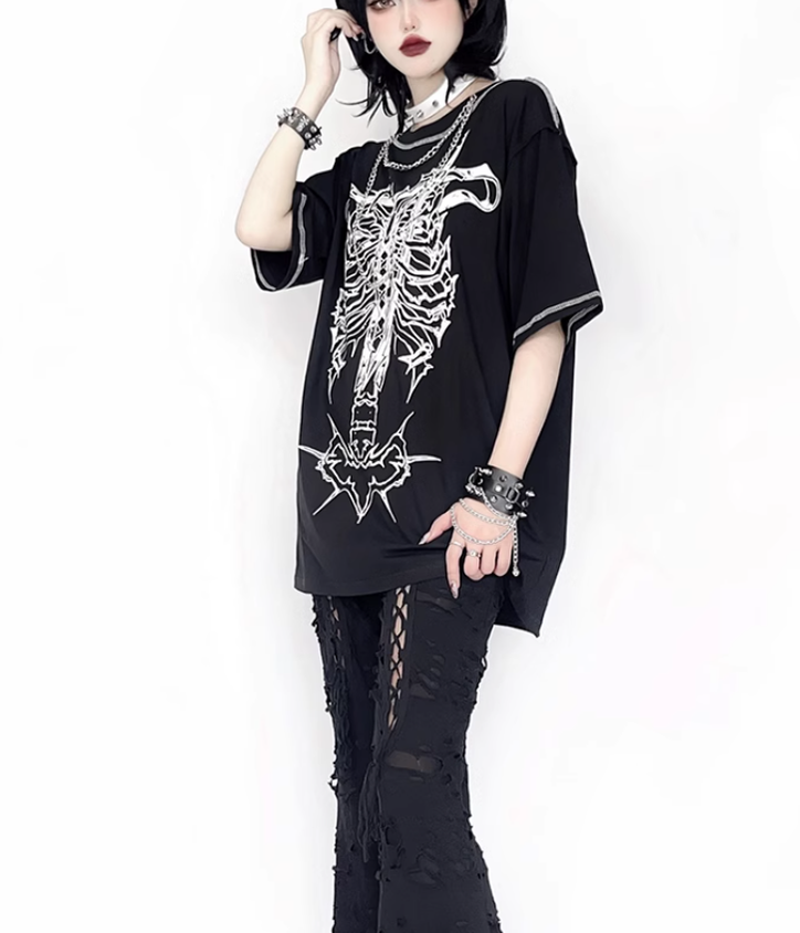 Gothic T-shirt Punk Ribbone Print Top Drop-Shoulder Shirt 39132:614766